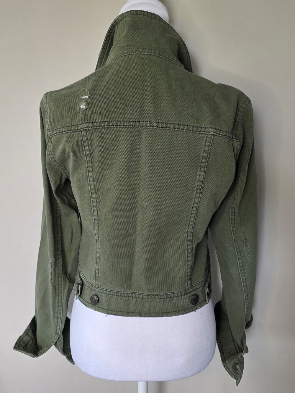 Free People Olive Green Distressed Denim Jacket Utility Trucker Boho - Picture 11 of 11